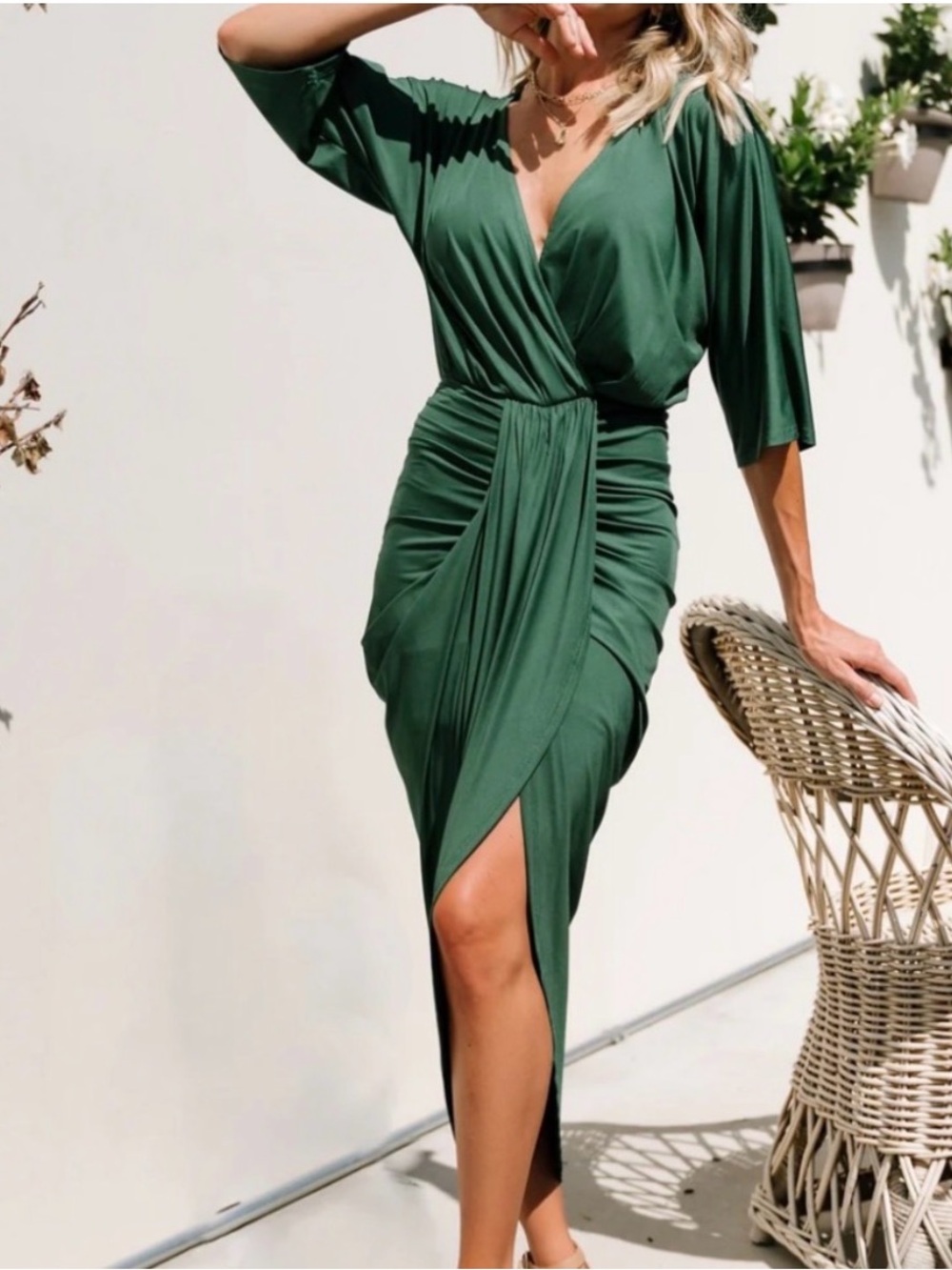 Baltic Born Mimi Midi Dress Hunter Green Ruched Draped V-Neck Size L